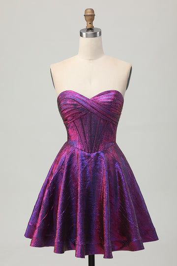 Metallic Dark Purple Strapless Corset Short Homecoming Dress